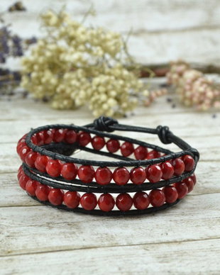 Bratara wrap/choker cu snur de piele si Coral - "Passion''