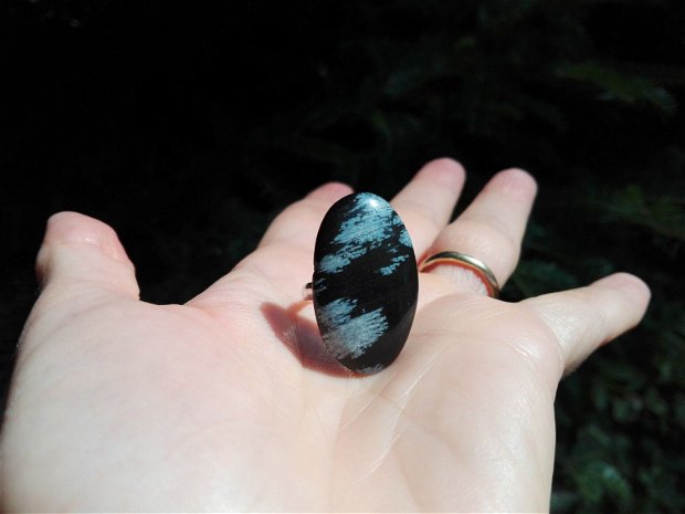 Inel Obsidian snow flakes si argint 925 - IN722 - Inel pietre semipretioase, inel piatra mare, inel negru, inel reglabil, inel statement