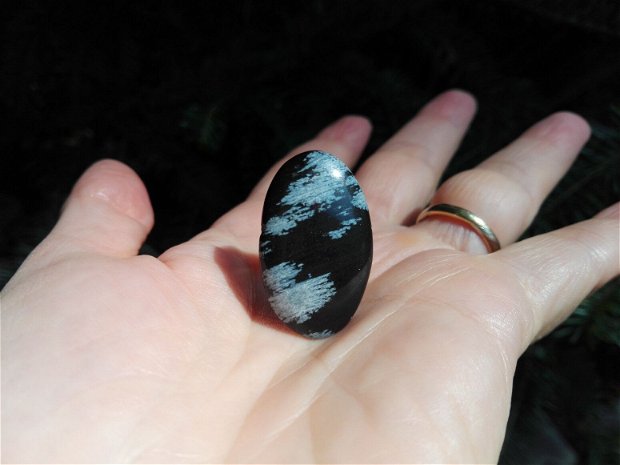 Inel Obsidian snow flakes si argint 925 - IN722 - Inel pietre semipretioase, inel piatra mare, inel negru, inel reglabil, inel statement