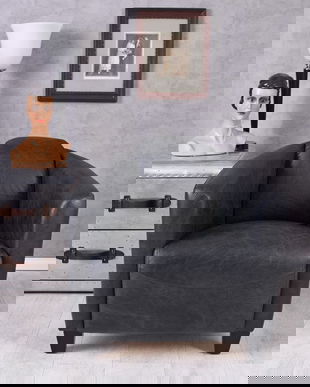 Fotoliu vintage din lemn masiv cu tapiterie din piele neagra