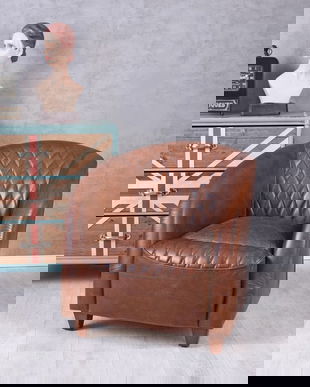 Fotoliu retro din lemn masiv cu tapiterie din piele groasa maro