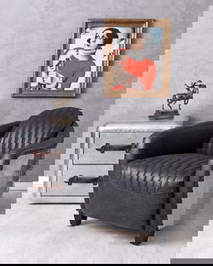 Fotoliu industrial din lemn masiv cu tapiterie din piele neagra