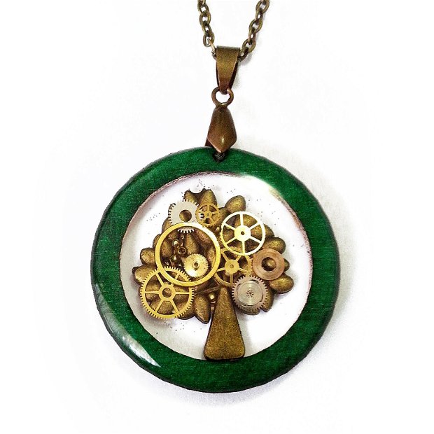 Pandantiv din lemn, colier cu medalion copac cu piese de ceas, tree of life, copacul vietii