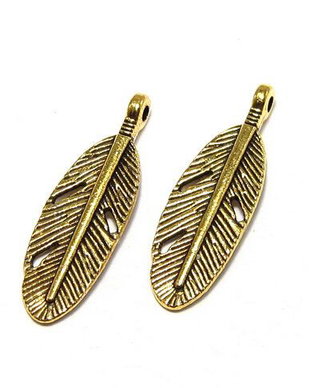 Pandantiv metalic, auriu antichizat, pana, 30x9 mm