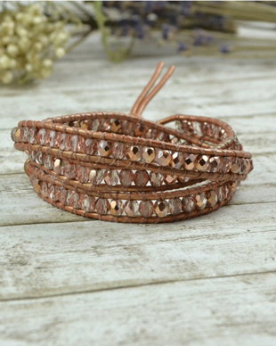 Bratara wrap cu snur de piele si mix de cristale - ''Just Peachy''