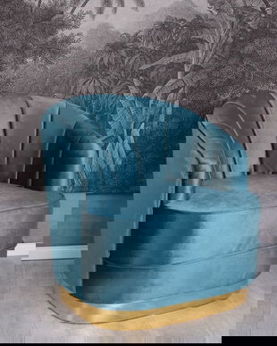 Fotoliu Art Deco din lemn masiv cu tapiterie albastra