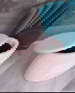 Scaun puf din lemn masiv cu tapiterie roz prafuit