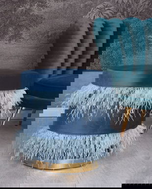 Scaun puf din lemn masiv cu tapiterie albastra