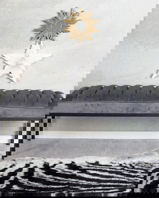 Banca de budoir din lemn masiv cu tapiterie gri inchis