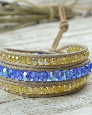 Bratara wrap din snur de piele si mix de cristale ''Blue for summer''