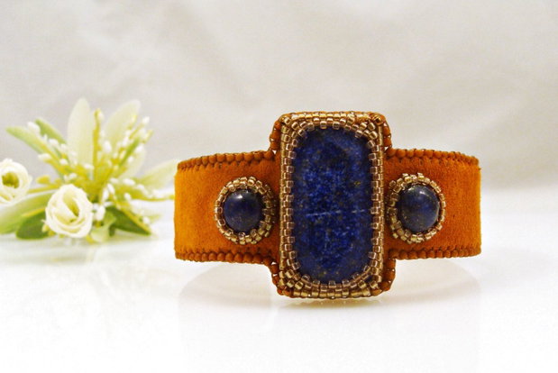 Bratara fixa din piele cu lapis lazuli