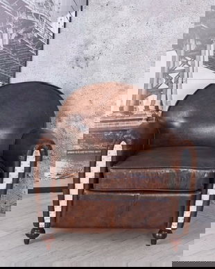 Fotoliu industrial din lemn masiv cu tapiterie din piele maro