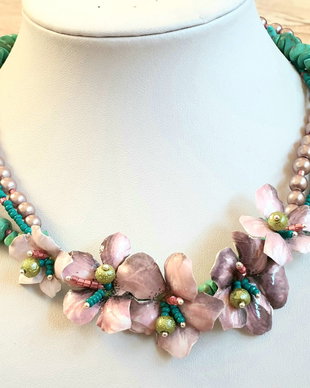 Colier floral de toamna in roz si turcoaz verde