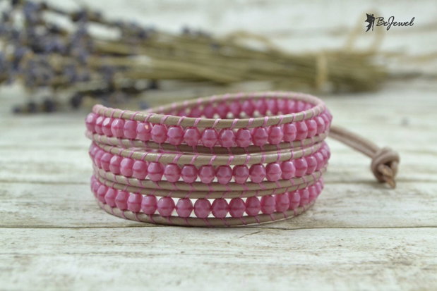 Bratara wrap cu snur de piele si cristale opace Cehia -''Dear Rose''