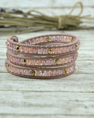 Bratara wrap cu snur de piele si mix de cristale ''Pretty in Pink''
