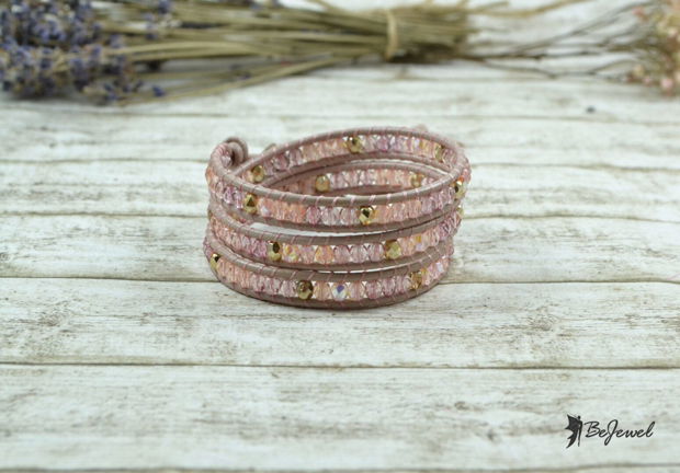 Bratara wrap cu snur de piele si mix de cristale ''Pretty in Pink''