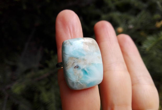 Inel statement din Argint 925 si Larimar - IN725 - Inel albastru dreptunghiular cu piatra mare, inel reglabil din pietre semipretioase, cadou aniversare / Craciun / 8 martie / Dragobete / Valentine's Day sotie / prietena, cristale vindecatoare