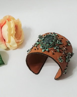 Bratara cuff piele naturala camel - unicat