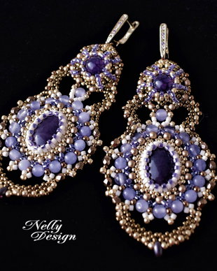 Cercei- broderie cu agate mov, lila, tortite argint aurit, cu zirconii
