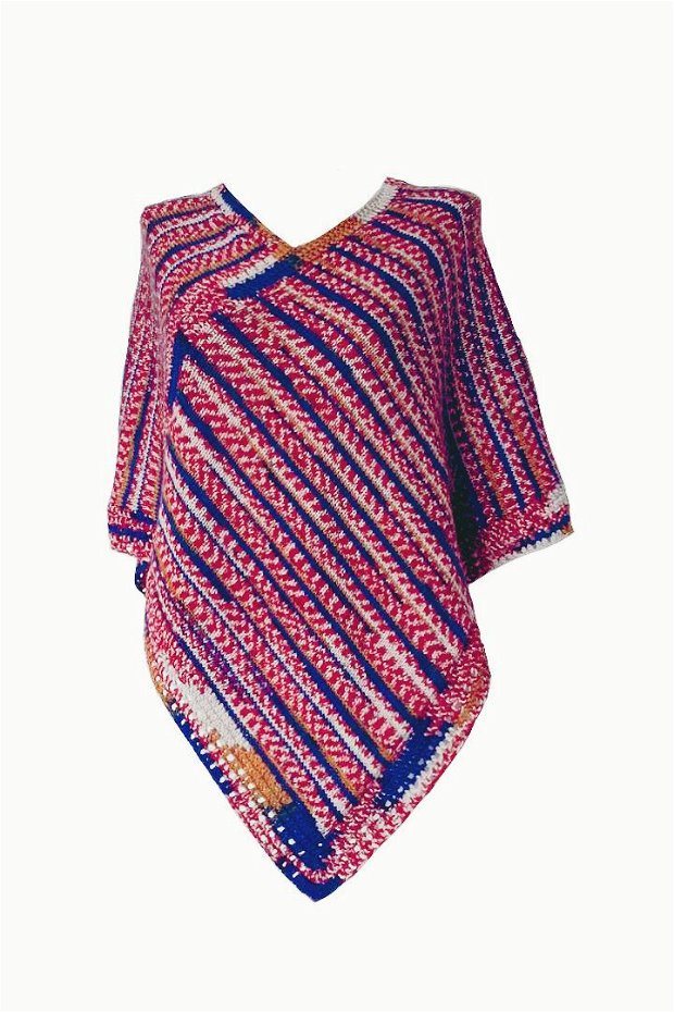Poncho multicolor tricotat cu bordura crosetata manual colorat amestec lana