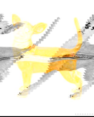 Caseta de bijuterii din metal emailat cu un catel Chiwawa