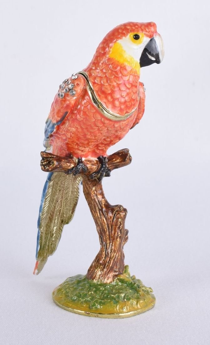 Caseta de bijuterii din metal emailat cu un papagal