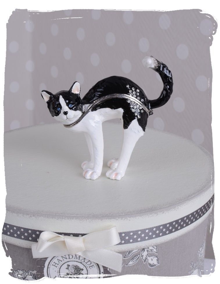 Caseta de bijuterii din metal emailat cu o pisicuta alb cu negru