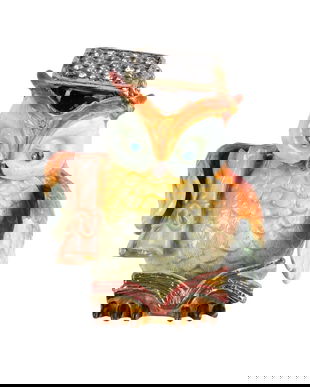 Caseta de bijuterii din metal emailat cu o bufnita