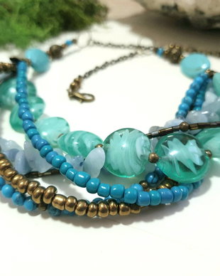 Colier multisir cu margele lampwork ,angelit si turcoaz