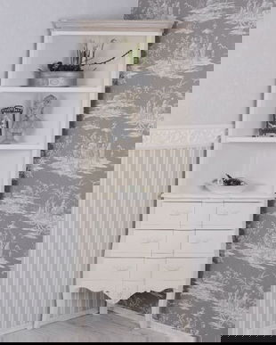 Biblioteca de colt din lemn masiv alb antichizat