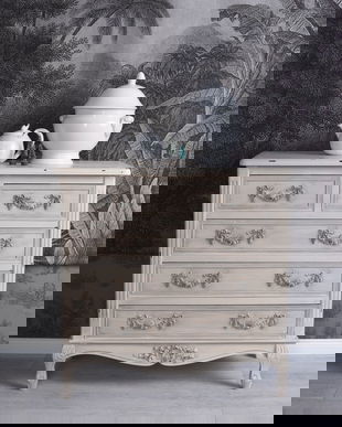 Comoda nostalgica din lemn masiv alb antichizat cu bej