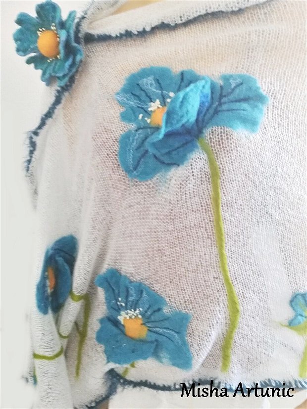 vandut Sal din tricot pufos, cu maci albastri de Himalaya impasliti 3D