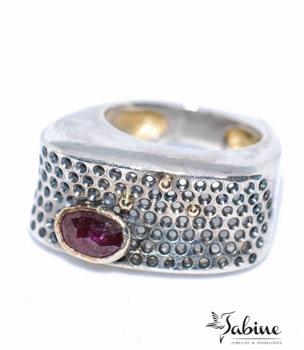 Inel argint 925, bobite aur 14k şi rubin natural, inel organic, inel brut, inel statement