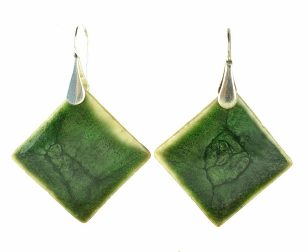 Cercei din portelan, glazura verde cu microcristale de crom si tortite din argint 925 - GREEN CRYSTALS