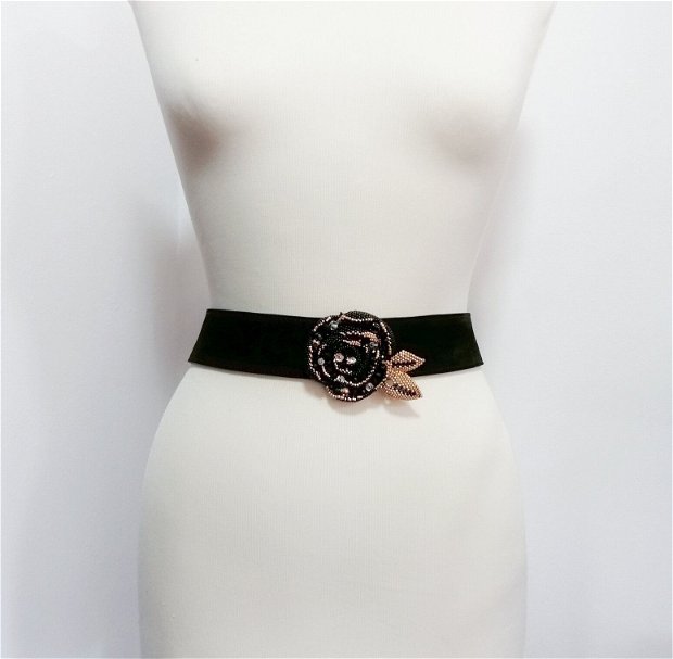 brau negru din piele decorat cu Trandafir negru auriu rose