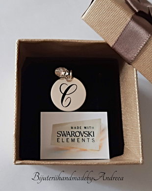 Pandant argint gravat si charm Swarovski