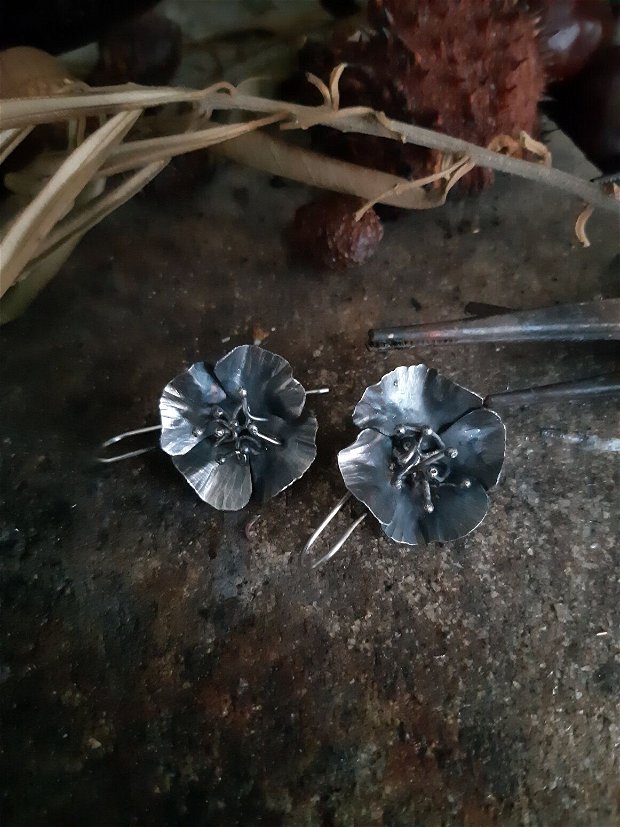 Cercei din argint 925 partial oxidat, flori