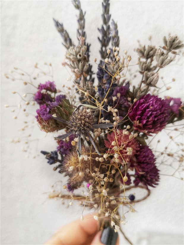 Buchet mireasă din flori naturale uscate "Bumbac si lavandă"  + Butoniera CADOU