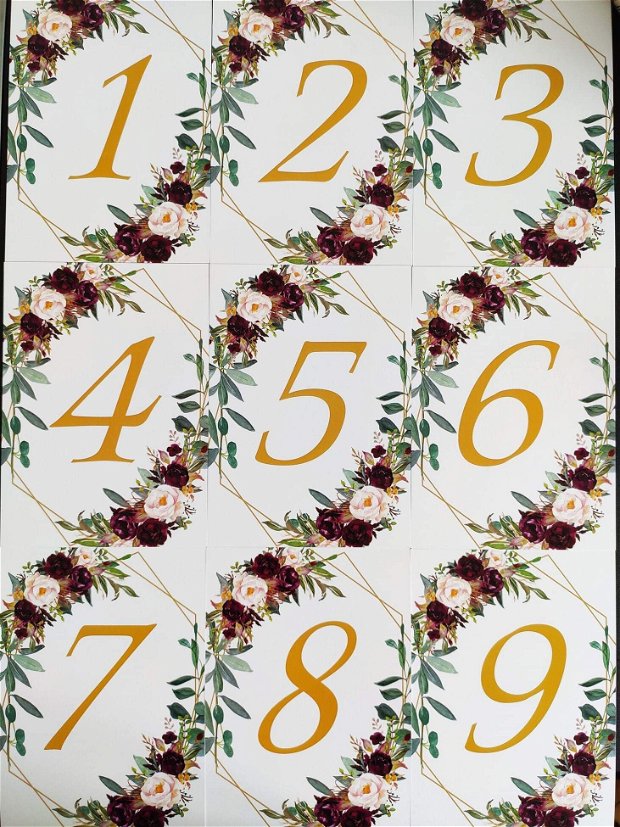 Numere masa, numere de masa cu flori rosii, cadru auriu, nunta handmade, numere de masa moderne, nunta rustica