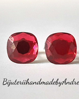 Cercei argint cu piatra Swarovski Cushion 7mm Scarlet