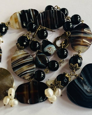 BLACK COFFEE-agate,onix,perle de cultura,bronz
