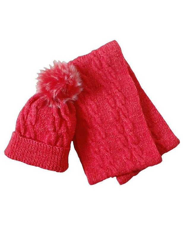 Set fular si căciulă tricotata manual roșu coraliu