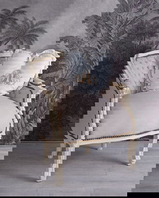 Fotoliu din lemn masiv alb cu tapiterie din catifea grej