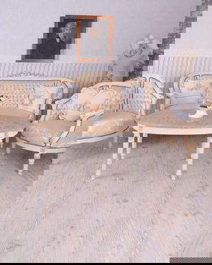 Set baroc din lemn masiv alb cu tapiterie din matase grej cu flori bej