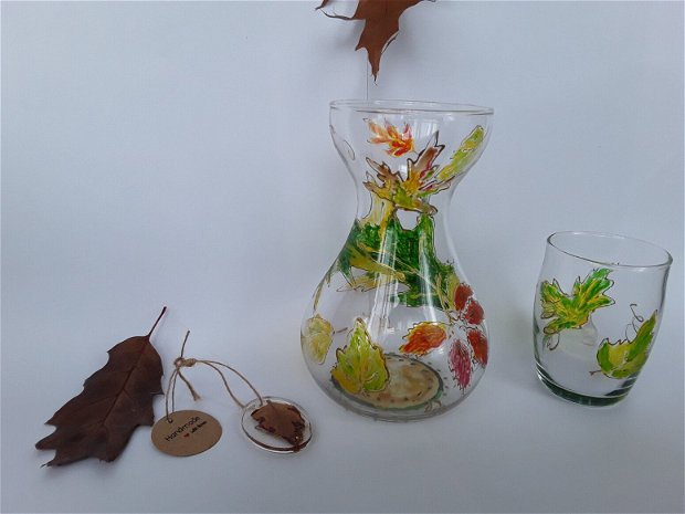 Set vaza si suport  pentru lumanare pictate manual  frunze de toamna