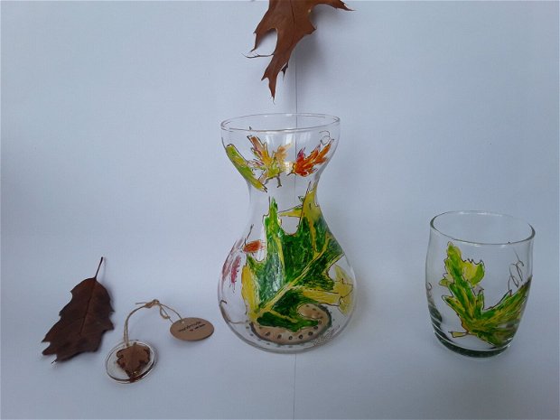 Set vaza si suport  pentru lumanare pictate manual  frunze de toamna