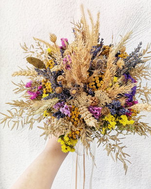 Buchet mireasă din flori naturale uscate + butoniera CADOU