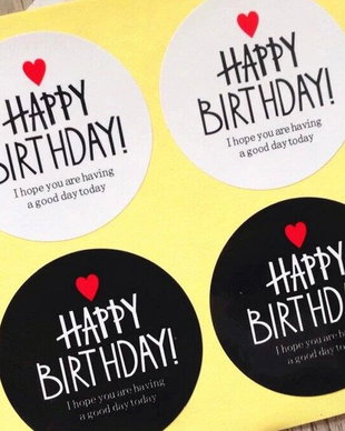 K0483 - (80b) Etichete adezive, hartie imprimata, Happy birthday, alb, negru, 40mm