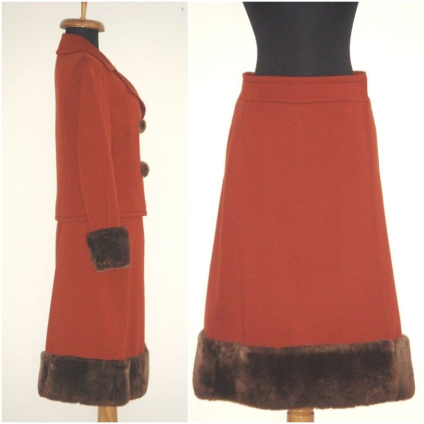 Costum vintage autentic, din lana, accesorizat cu blana naturala