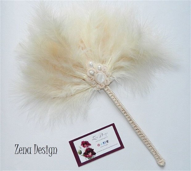 Evantai ivory mireasă Great Gatsby style accesorii ivoire brodate cu perle de cultură şi pene de marabu